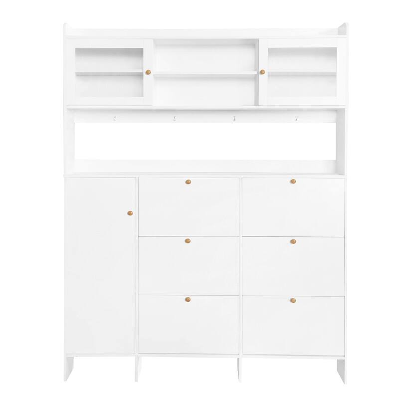 Multifunctional Shoe Cabinet with Storage Shelf & 6 Flip Drawers,Modern Hall Tree with Tempered Glass Doors