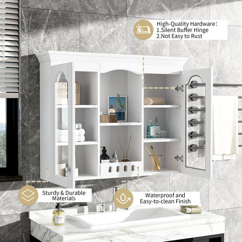 35" Wall-Mounted Bathroom Storage Cabinet with 2 Glass Doors, Adjustable Shelves for Toiletries and Essentials