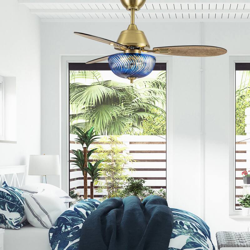Coco River of Goods 3-blade 42-inch Glam Indoor Ceiling Fan with Blue Hand-Cut Glass Shade and Remote Control