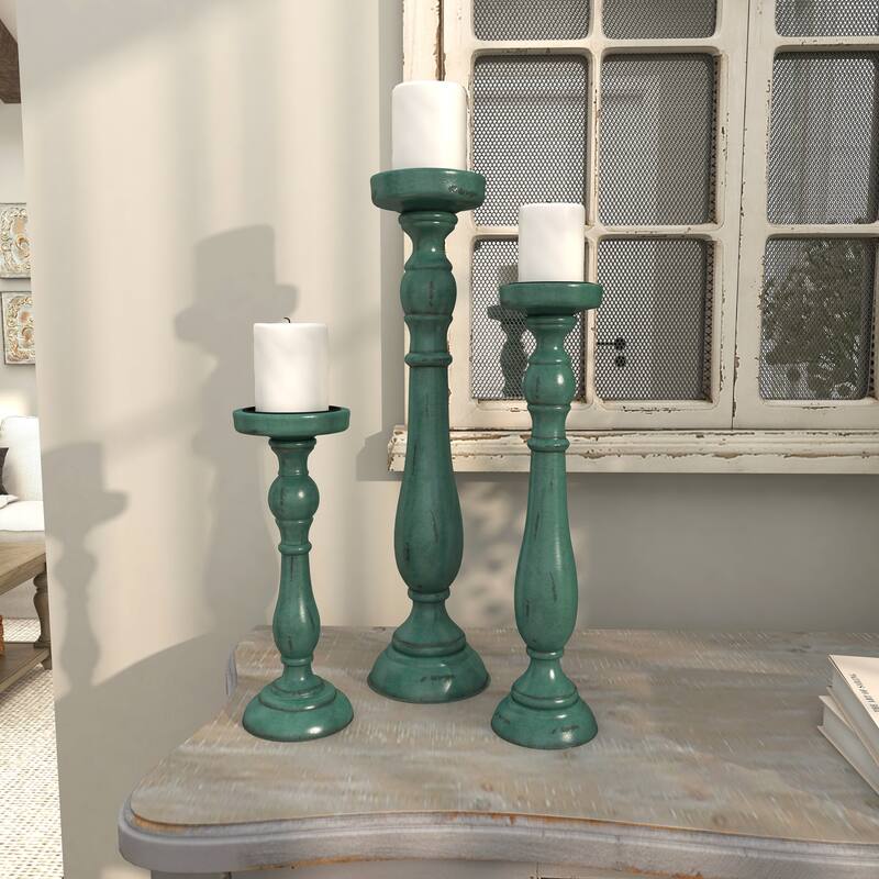 Teal Wooden Distressed Turned Decorative Candle Holder (Set of 3)