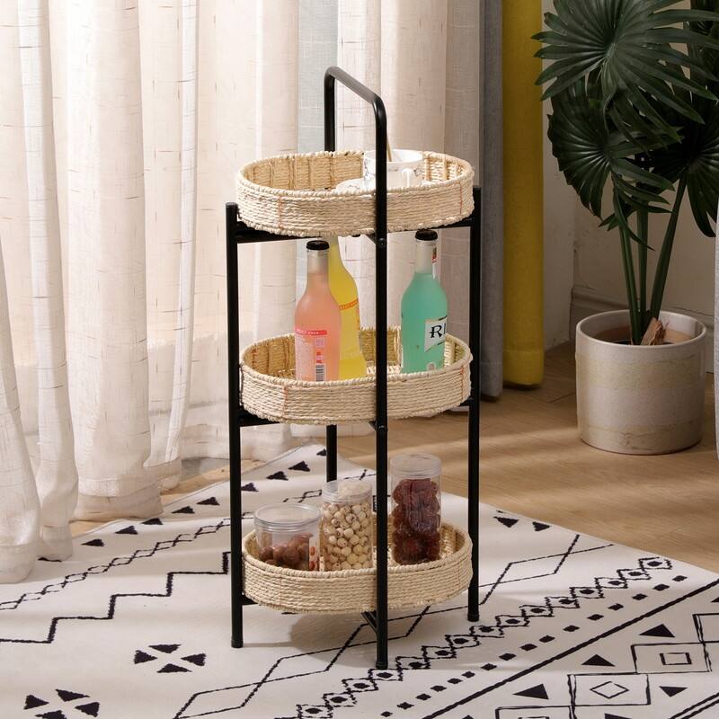 3 Tiers Tray Tables Paper Rope Woven Side Table for Living Room Kitchen Oval Storage Basket Small Shelves - Natural