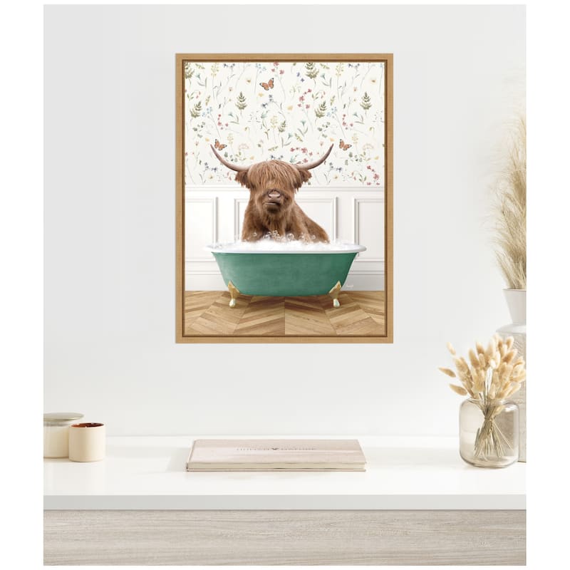 Kate and Laurel Sylvie Highland Cow in Meadow Bathtub Framed Canvas by Amy Peterson