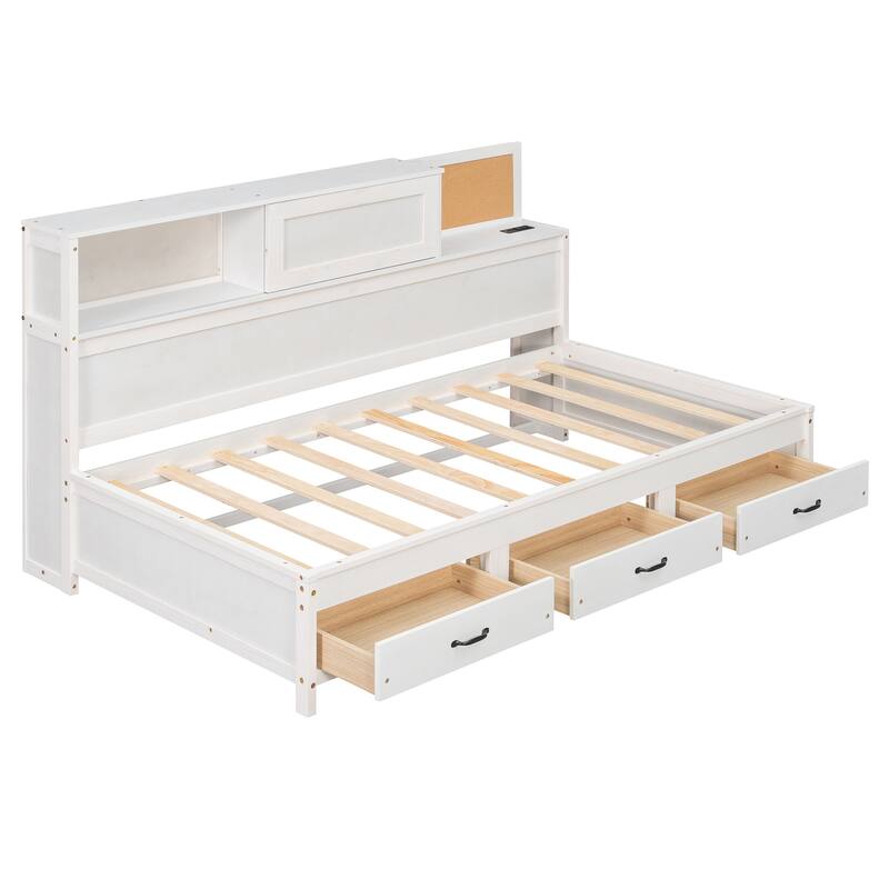 Roomfitters Twin Wooden Daybed with 3 Storage Drawers, Soft Headboard and USB Ports, White