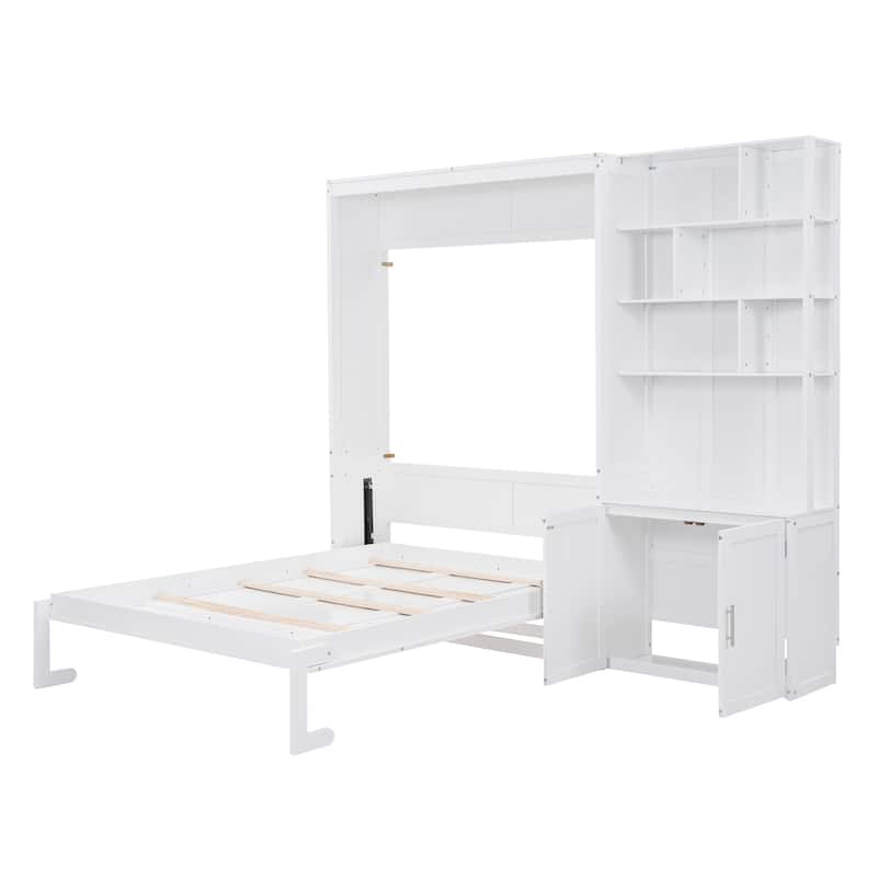 Full Size Hidden Murphy Bed Cabinet with Multiple Storage Shelves and A Cabinet, Wooden Folding Wall Bed with Slats Support
