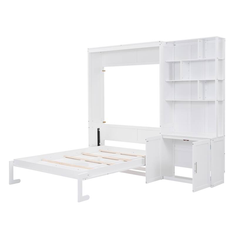 White Full Murphy Bed with Multiple Storage Shelves and Cabinet