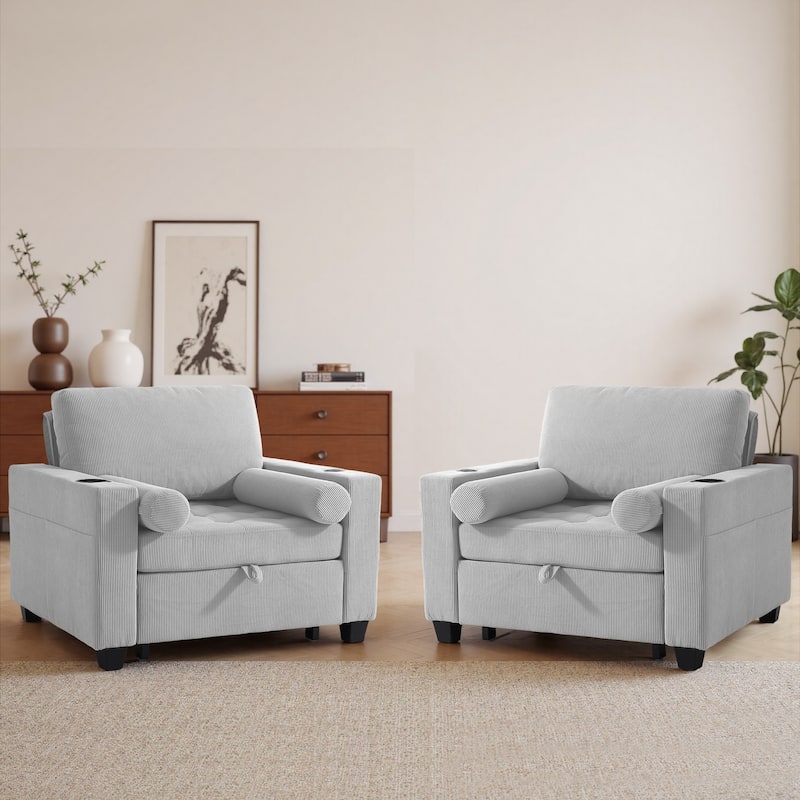 Corduroy Upholstered Accent Chair Convertible Sleeper Chair Set of 2