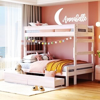 Twin over Full Wood Bunk Bed with Full-length Guardrail,2 Drawers and Headboard and Footboard