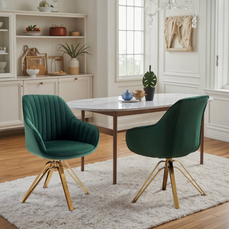 Art Leon Set of 2 Velvet Swivel Dining Chair with Golden Legs - GREEN BLACK
