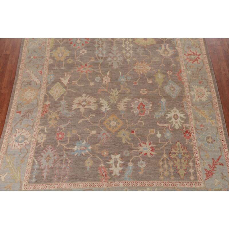 Hand Knotted Oriental 100% Wool Carpet Transitional All-Over Brown Oushak Area Rug - 9' 11'' X 8' 3''