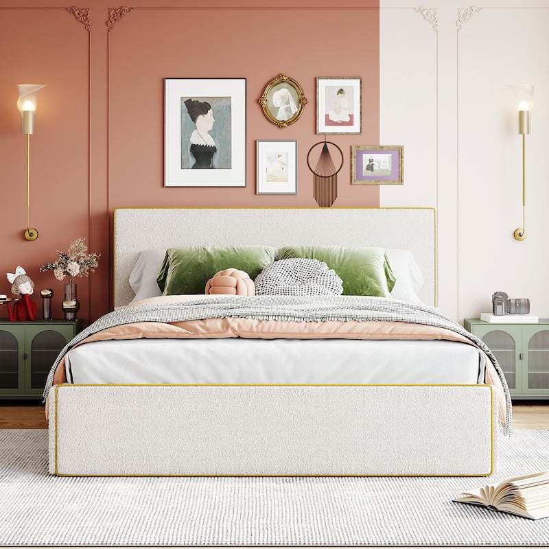 Upholstered Platform Bed with 4 Drawers and Golden Edge