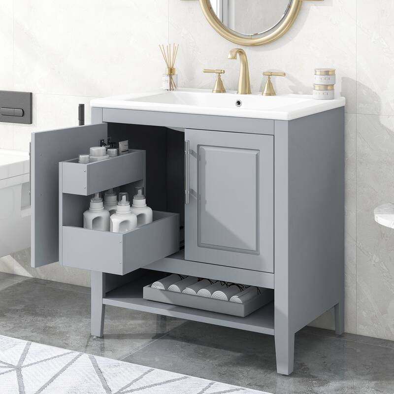 Bathroom Vanity with Ceramic Basin Sink, Bathroom Storage Cabinet with Doors and Drawers, Bathroom Cabinet with Open Shelf