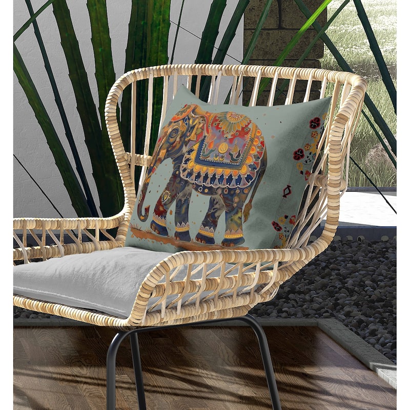 Decorated Elephant Indoor/Outdoor Reversible Throw Pillow Mint and Orange