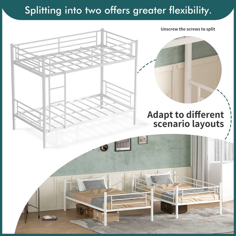 Bunk Bed Twin Over Twin, Metal Bunk Bed with Built-in Ladder and Safety Guardrail, Space-Saving Twin Bunk Beds