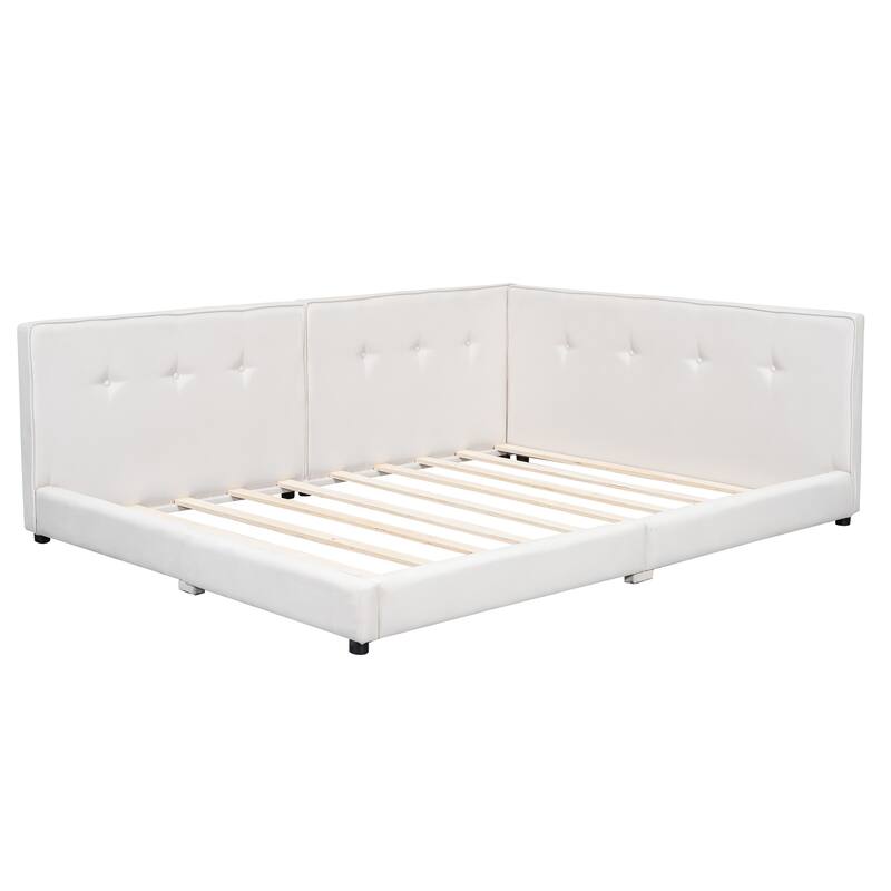 Upholstered Daybed Low Profile Bed Frame with USB Charging Station, Tufting L-shaped Backrest and Wood Slat Support Linen Fabric