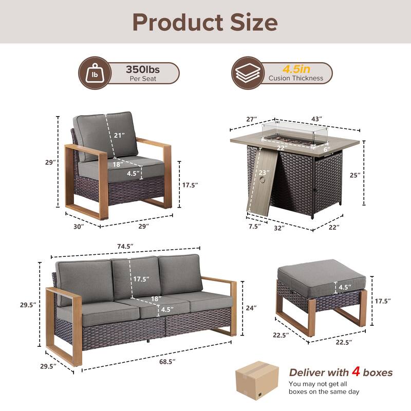 Meyreso Wicker Patio Conversation Set with Fire Pit Table & Olefin Cushions