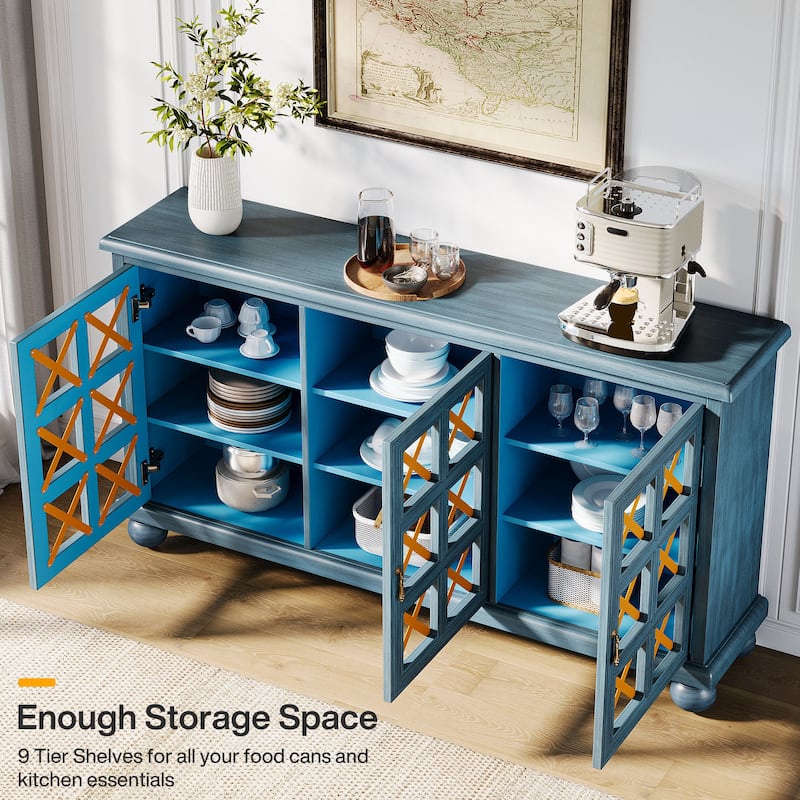 Blue Sideboard Buffet Cabinet with Storage and Doors for Living Room