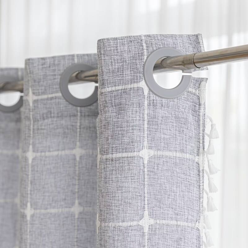 No Hooks Linen Textured Geometric Tassels Shower Curtain with Snap-in Liner