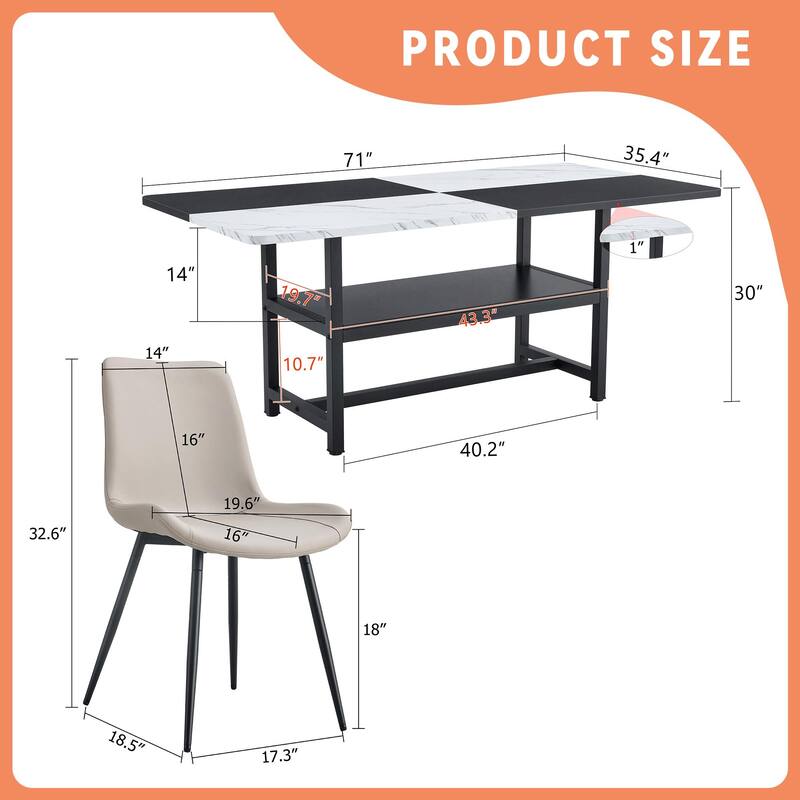 Minimalist Dining Table Set with Storage Shelf, 9-Piece Dining Set with 8 Leather Chairs, White Black Dining Table