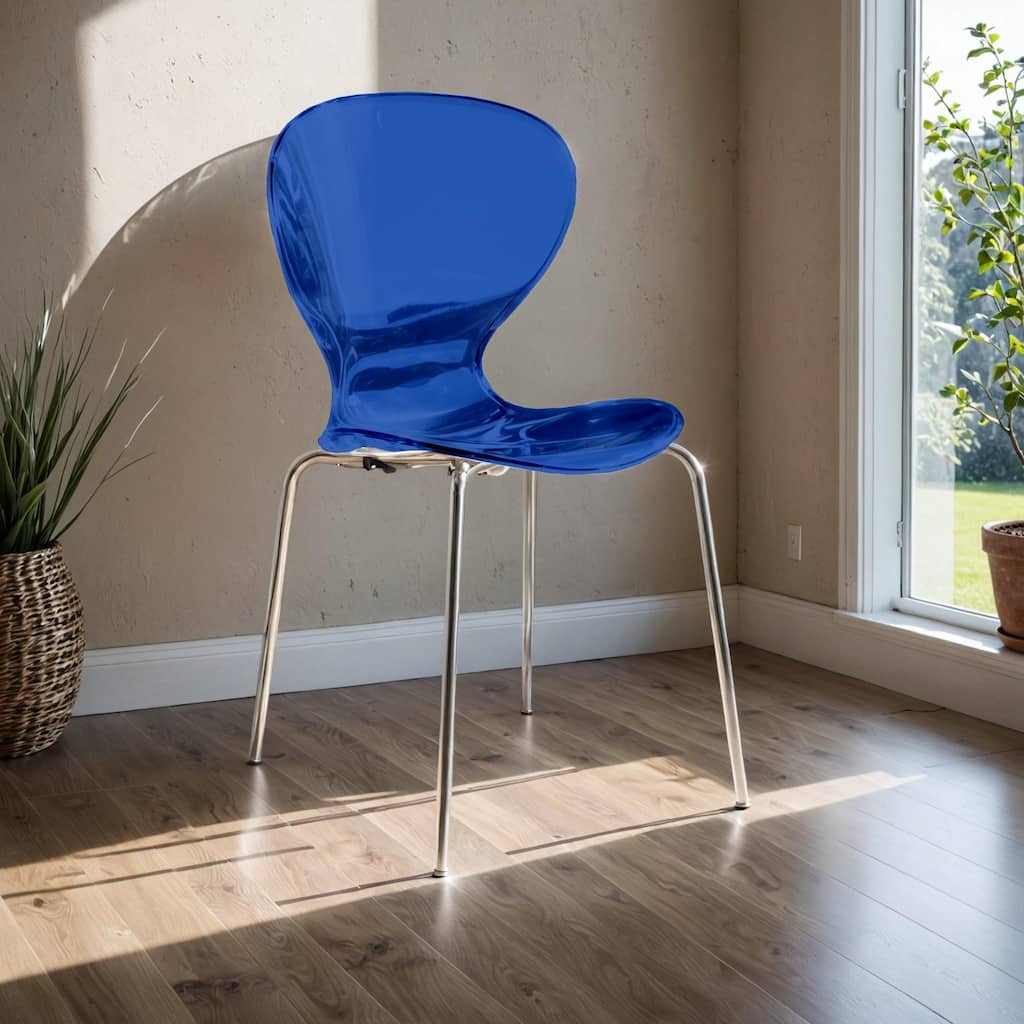Oyster Modern Ergonomic Transparent Stackable Dining Side Chair with Chrome Steel Legs, Rounded Seat Edge for Indoor Outdoor Use