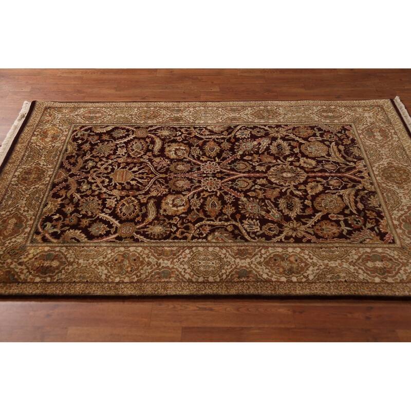 All-Over Floral Agra Oriental Area Rug Hand-Knotted Wool Carpet - 4'1"x 5'11"