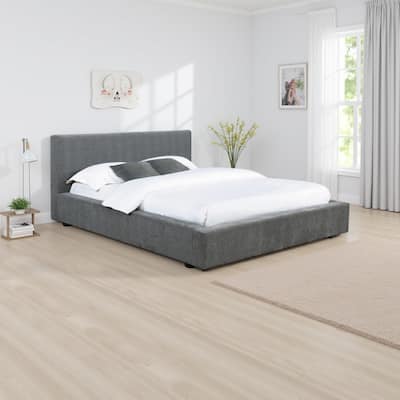 Jivi Foam King Platform Bed, Minimalist Design Headboard, Gray Upholstery
