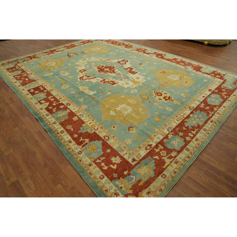 Handmade Blue Oushak Vegetable Dye Area Rug, Medallion Geometric Carpet - 13' 5'' X 10' 2''
