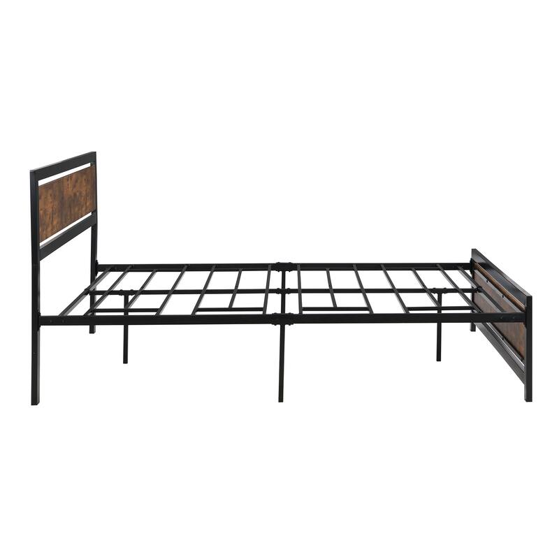 Black Metal and Wood Bed Frame with Headboard and Footboard, Queen Size