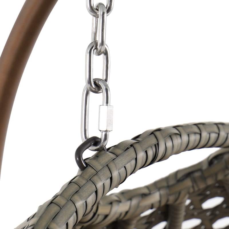 LeisureMod Modern 2-Person Egg Hanging Swing Chair with Beige Wicker, Oxford Fabric Cover, Patio Hammock Lounger and Cushions