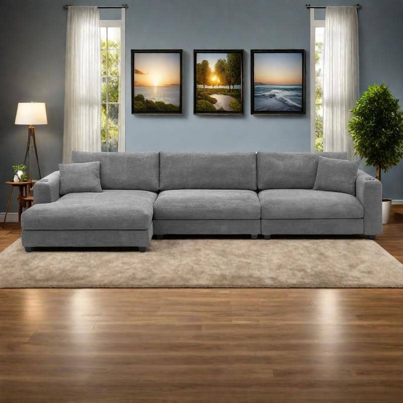 134" Corduroy Sectional Sofa with L-Shaped Cloud Couch and USB Charging & 50" Chaise (330lb Capacity)
