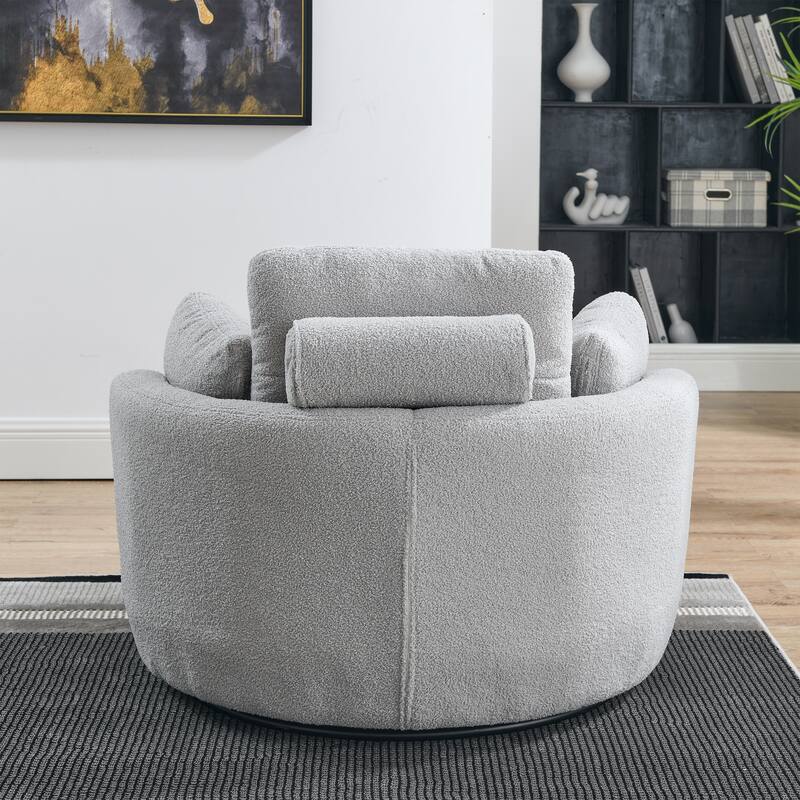 39"W Oversized Swivel Chair with Storage Ottoman, Grey Teddy Fabric