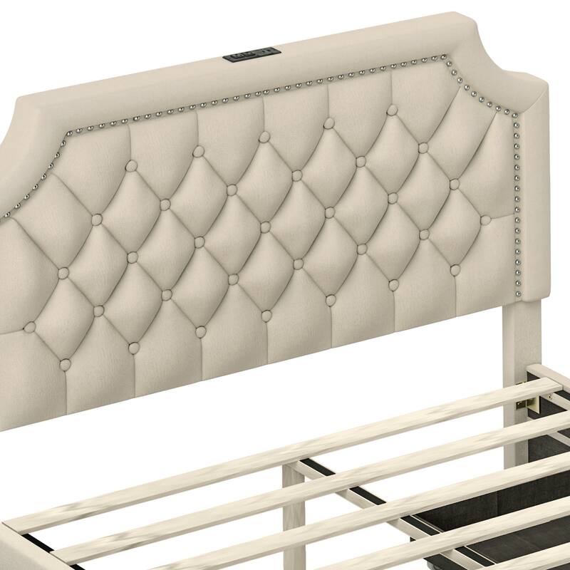 Moasis Velvet/Linen Upholstered Bedframe with Adjustable Headboard and 4 Storage Drawers