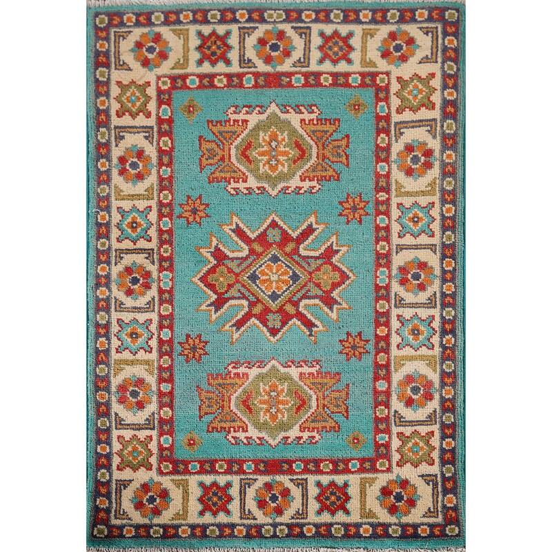 Turquoise Kazak Foyer Rug Hand-Knotted Wool Carpet - 2'0" x 3'0"