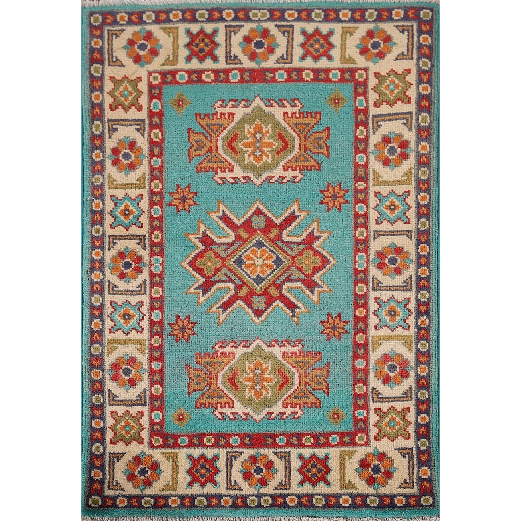 Turquoise Kazak Foyer Rug Hand-Knotted Wool Carpet - 2'0" x 3'0"