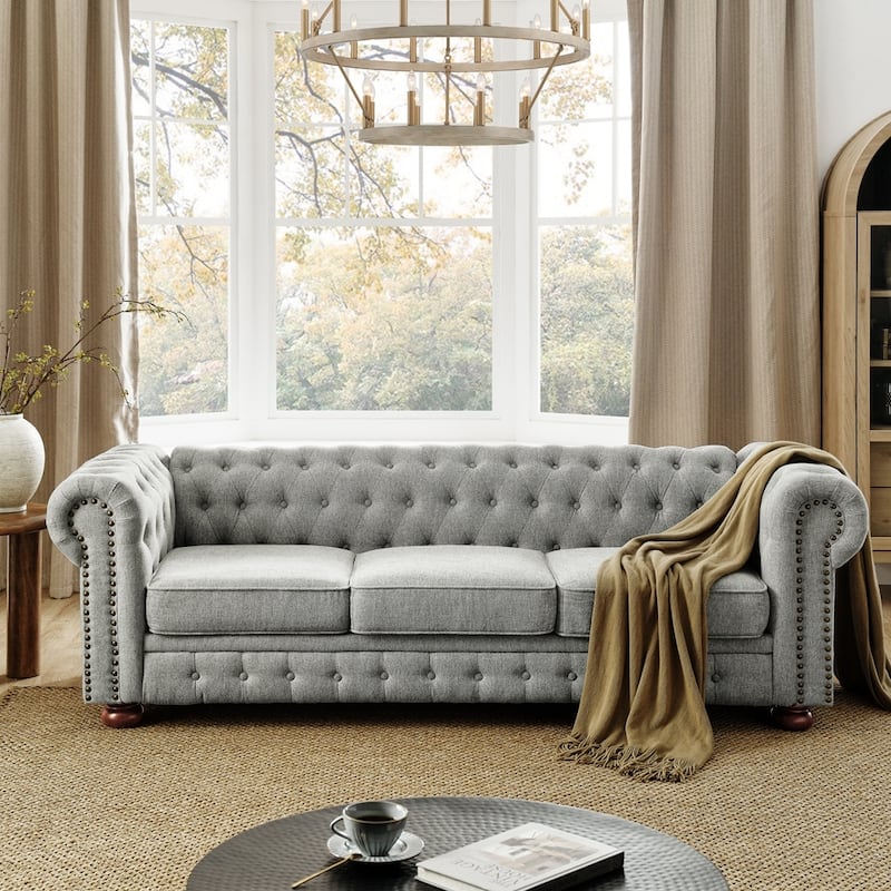 Chesterfield Sofa Tufted Upholstered PU 3-Seater Sofa - Grey