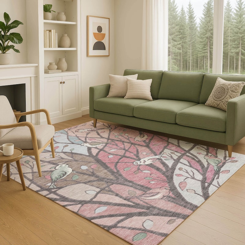 Machine Washable Indoor/ Outdoor Bird Mosaic Chantille Rug