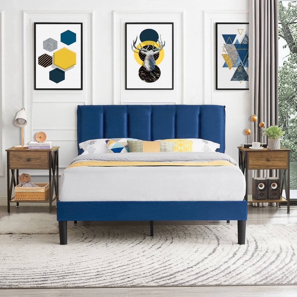 VECELO 3-Pieces Tufted Upholstered Platform Bed Frame with Adjustable Height Headboard and Nightstands Set of 2, Dark Blue
