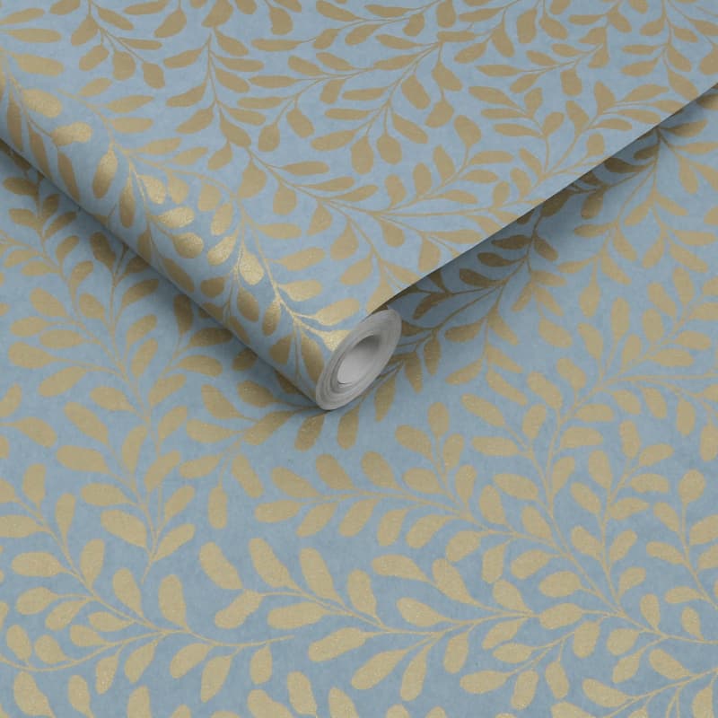 Graham & Brown Gilded Leaf Sky Blue & Pale Gold Wallpaper