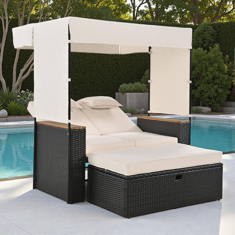 2-Piece Outdoor Patio Rattan Canopy Daybed Sunbed with 5 Positions Adjustable Backrest and Storage Bench - Beige