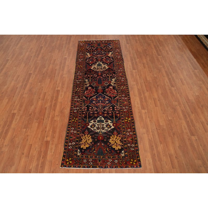 Hand Knotted Oriental 100% Wool Carpet Traditional Floral Navy Blue & Blues Bakhtiari Runner Rug - 10' 2'' X 3' 5''