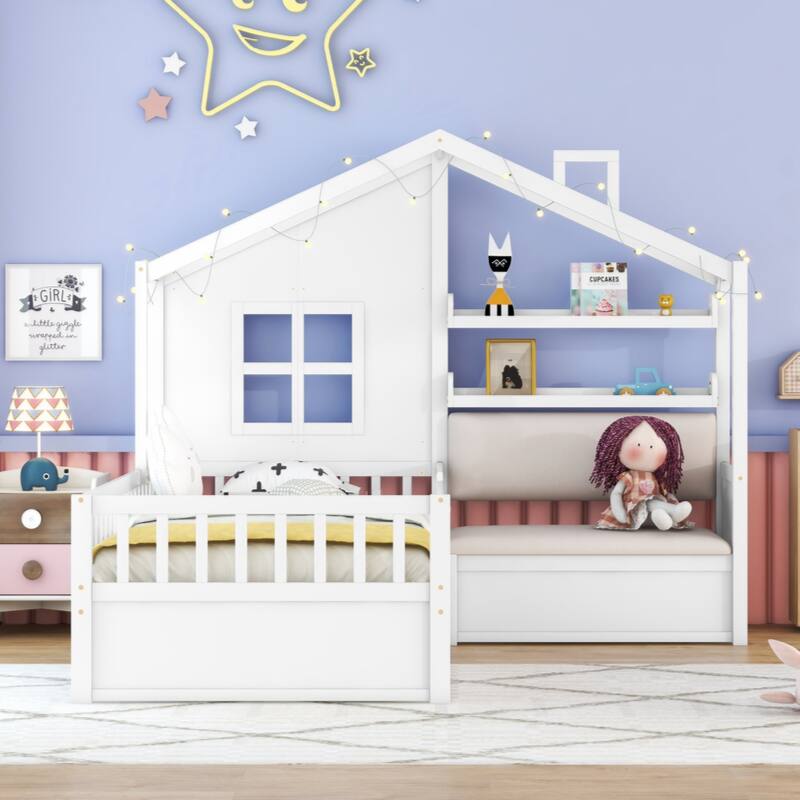 Twin Size House Bed with Sofa, Kids Platform Bed with Two Drawers and Storage Shelf