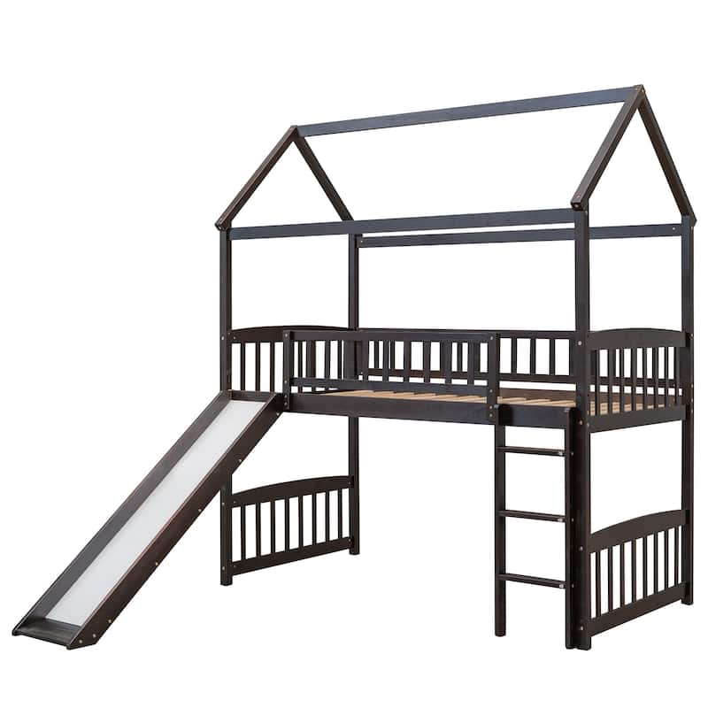 Twin Size Wooden Loft Bed with Slide and Ladder, House Shaped Solid Pinewood Low Loftbed Frame with Under Bed Play Space