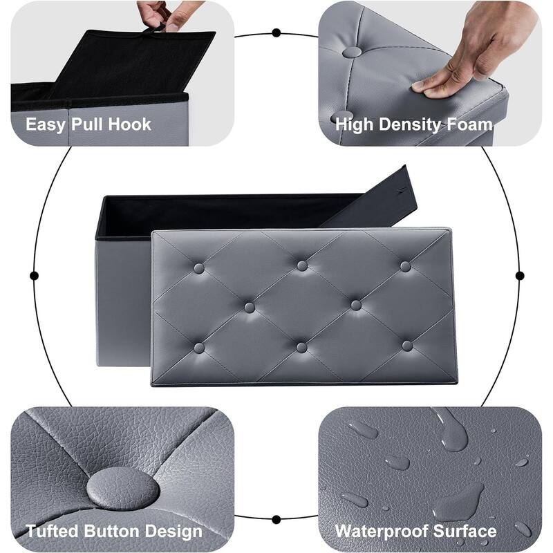 2 PC Storage Folding Ottoman, Storage Footrest Stool, Faux Leather Storage Bench Cube with Padded Seat for Small Space