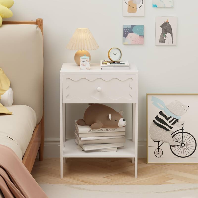 Anmytek White Modern Nightstand with Drawer and Open Shelf Wave Pattern Solid Wood Bedside Table