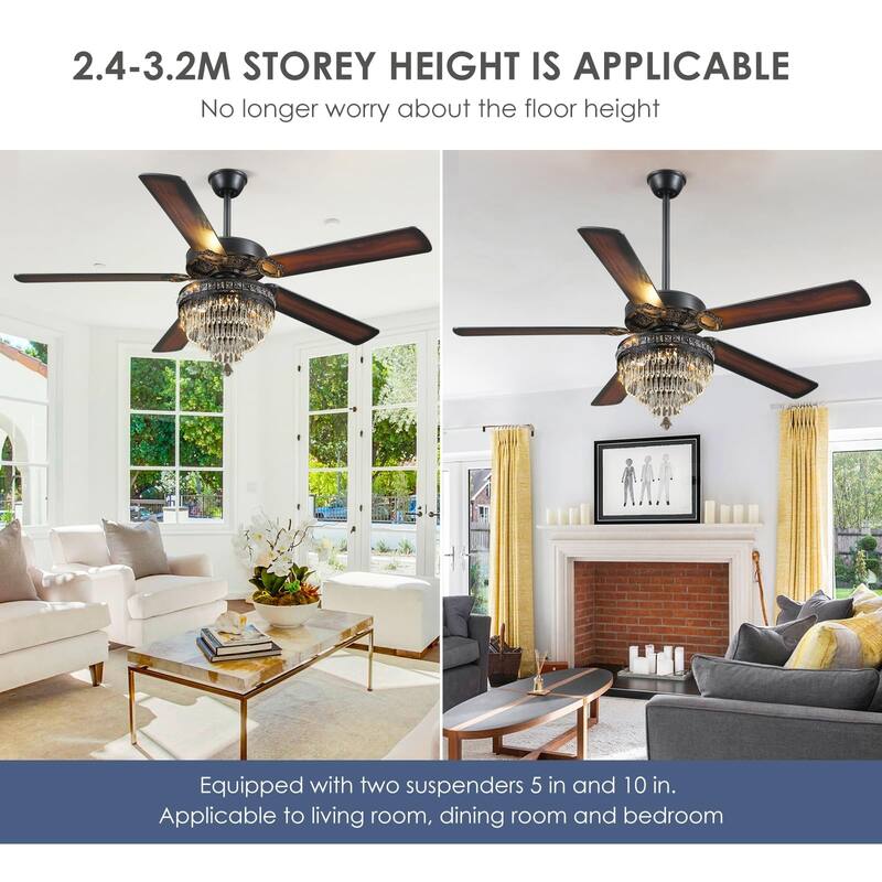 52"/62" Modern Crystal Chandelier Ceiling Fan Light,Reversible Airflow,E12 Bulbs,for Bedroom,Kitchen,Patio