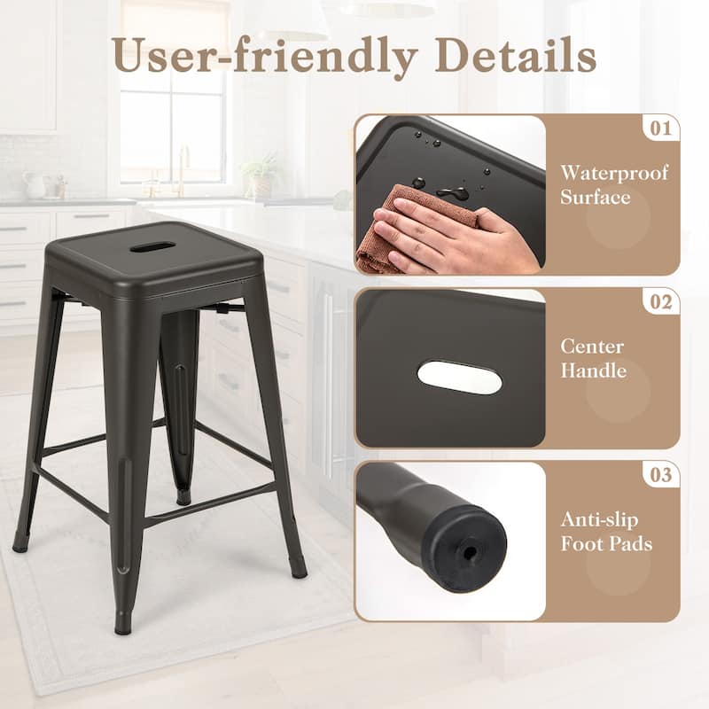 4-Piece 24" Space Saving Stackable Metal Bar Stools with Footrest for Kitchen or Patio - 16" x 16" x 24"