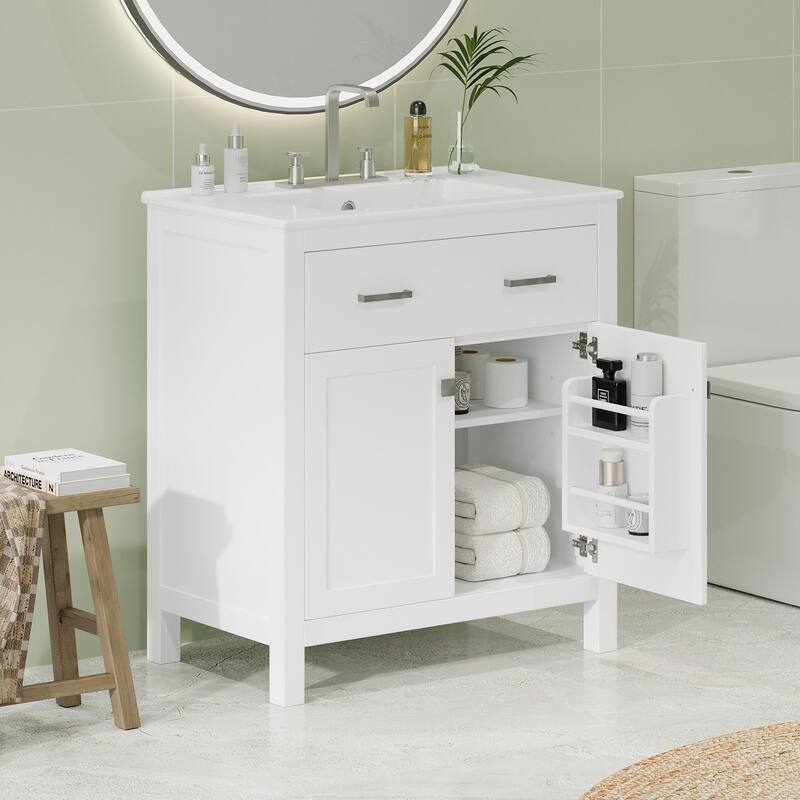 Modern 30-Inch Bathroom Cabinet with Undermount Sink, Solid Wood Frame & Flip-Out Drawer