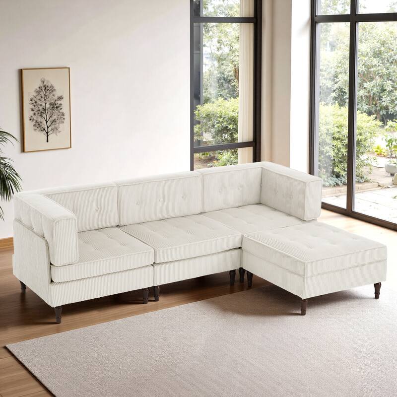 UIXE 4 - Piece Corduroy Sectional Sofa with Flip-Top Storage Ottoman Coffee Table - Beige
