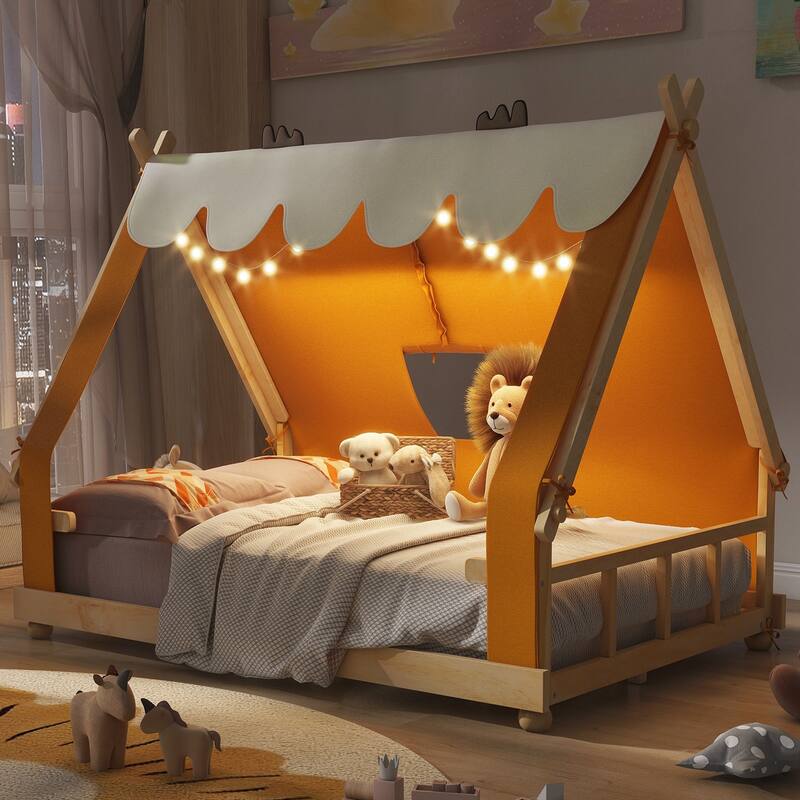 Full Size House Bed with Tent and Light