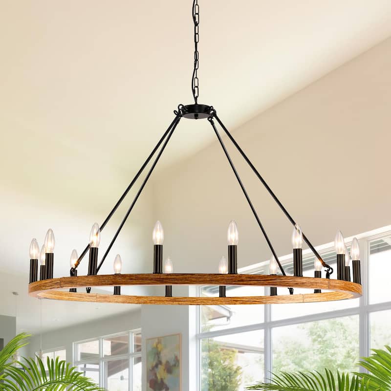 16-Light Black Wagon Wheel Chandelier Farmhouse Chandelier Diam 43-inch Large Round Pendant Light Fixture - Black&Walnut