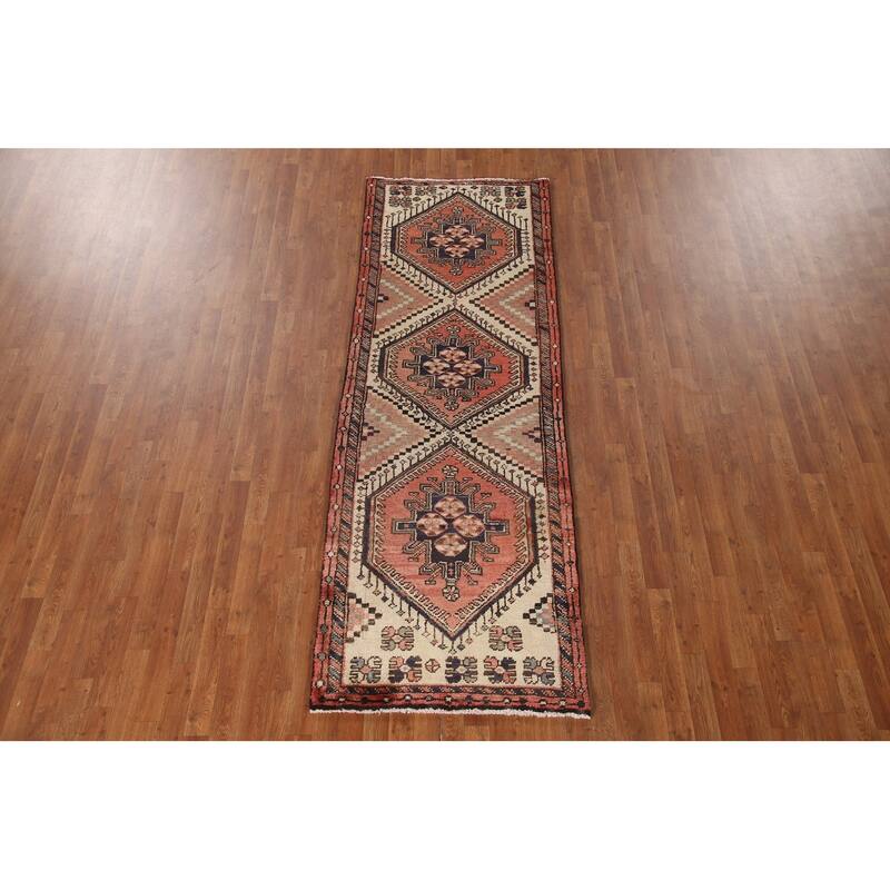 Geometric Bakhtiari Persian Vintage Runner Rug Handmade Wool Carpet - 3'1"x 9'1"